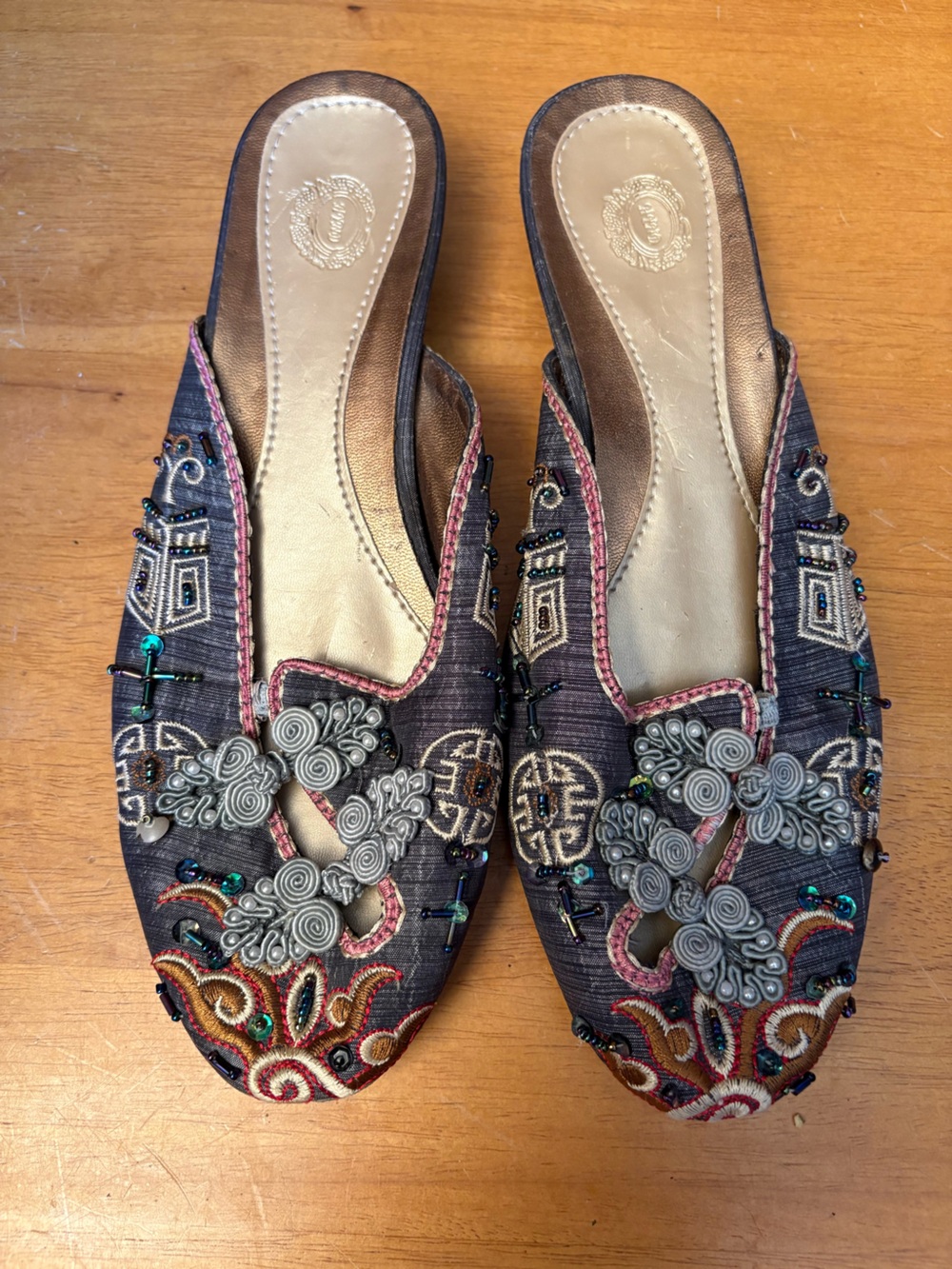 Embroidered Gray Beaded Slip-On Mules